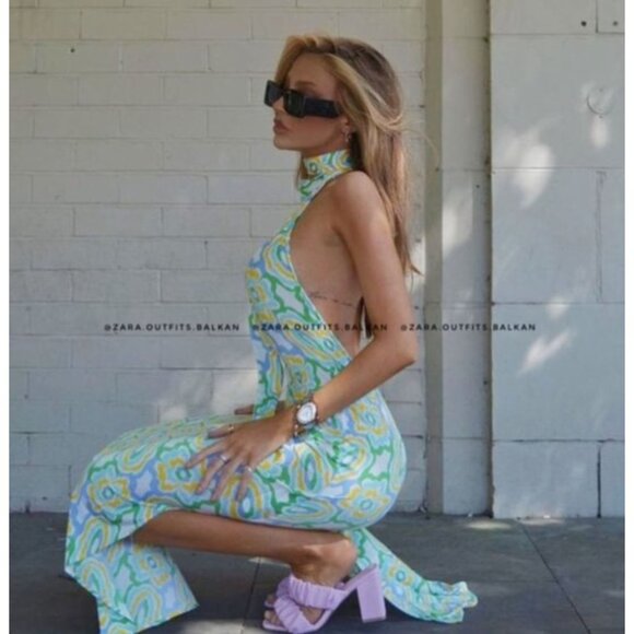 NWT ZARA Geometric Print Halter Maxi Dress Open Back Retro Green Yellow Small - Picture 5 of 16